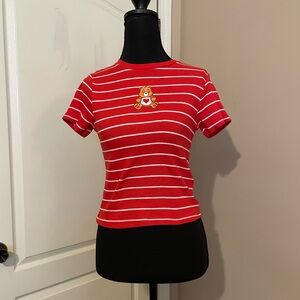 Mad Engine Ribbed Red Stripe Crop Care Bear T-shirt Size M Y2K 90s Babydoll Tee